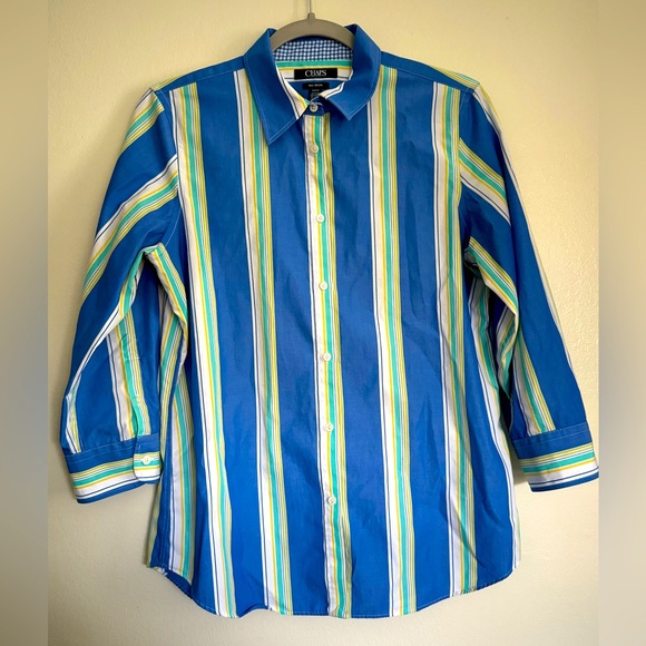 CHAPS No Iron Button Down 3/4 Sleeve Shirt Women's Size Medium Blue/White Stripe - Picture 1 of 10